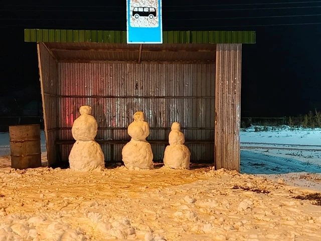 В селе Лотошное на остановке заметили целое семейство снеговиков