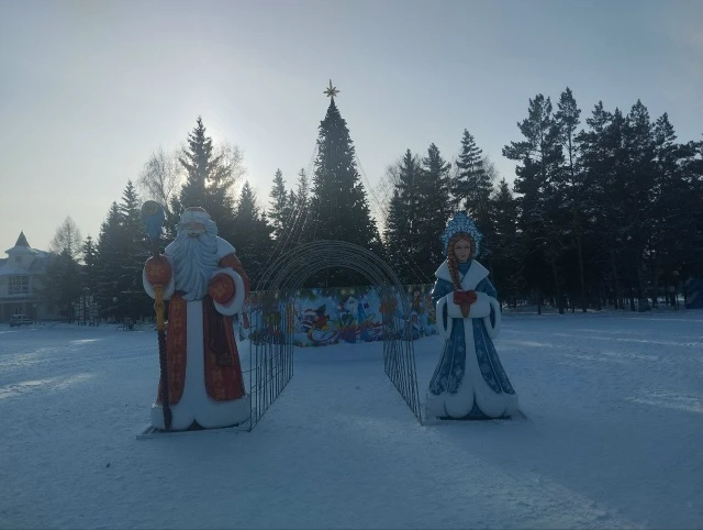 Дед Мороз и Снегурочка появились возле елки на центральной площади Краснозерского. Они из стеклопластика, поэтому будут украшением снежного городка не один год